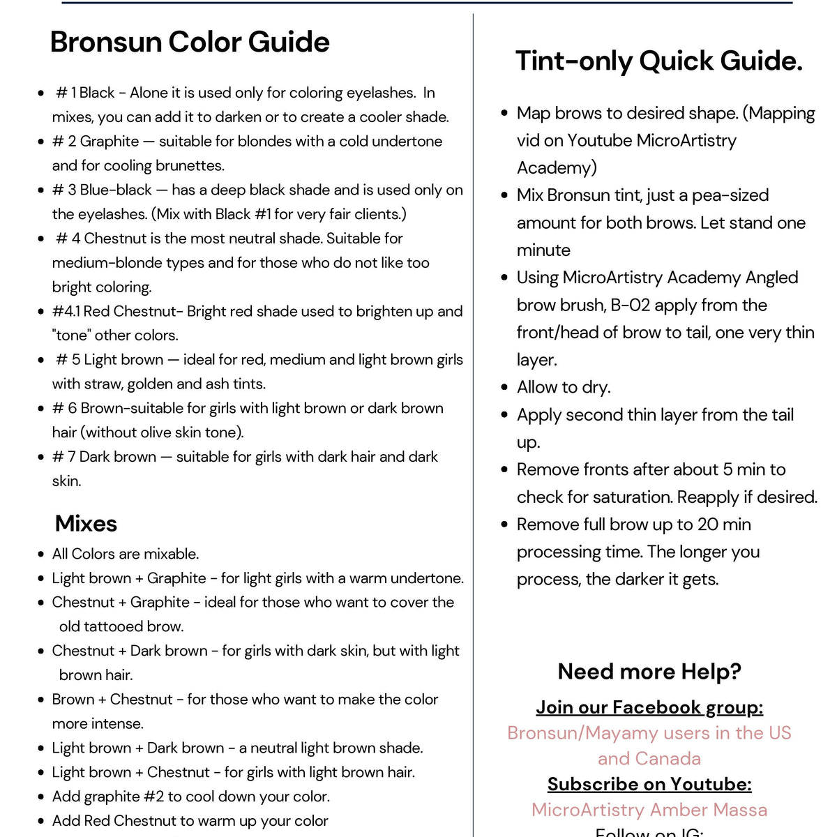 MicroArtistry Bronsun Mixing Guide and Quick TIps sheet
